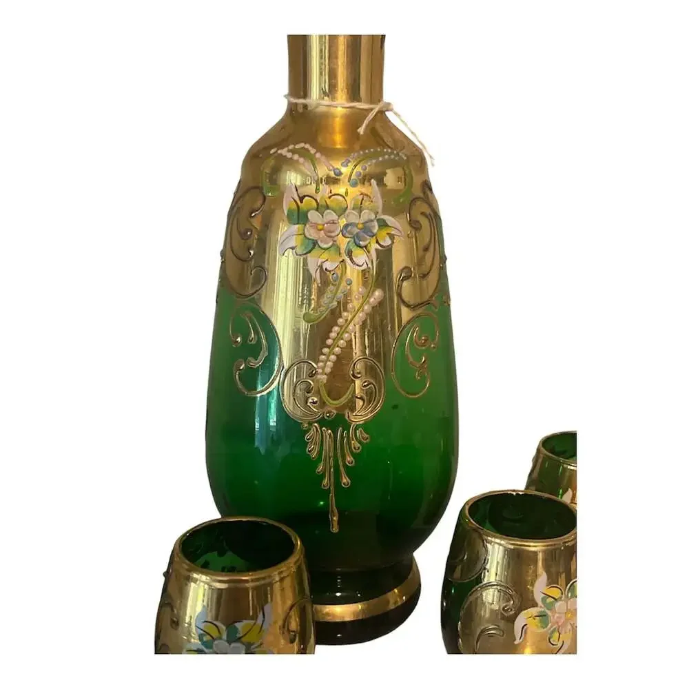 Vintage Bohemian Emerald Green & Gold Glass Cordial Decanter Set of 4